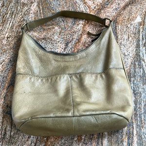 Gently used American Leather Co bucket bag.  Patina-ed avocado green.